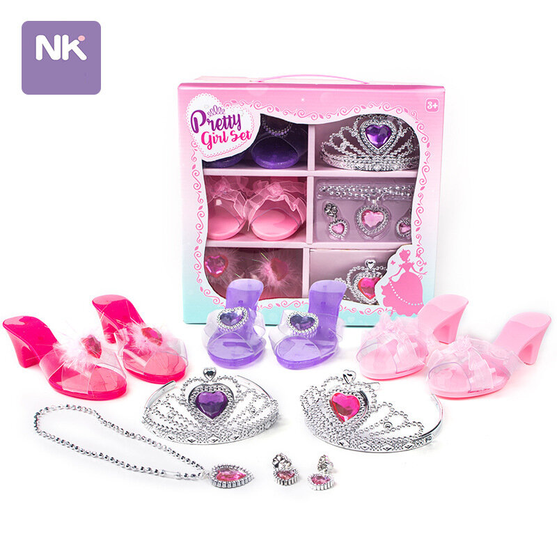 Conjunto de accesorios de princesa para niñas pequeñas, juego de joyería de simulación, zapatos de vestir, juguetes, corona, collar, anillo, juguete de maquillaje