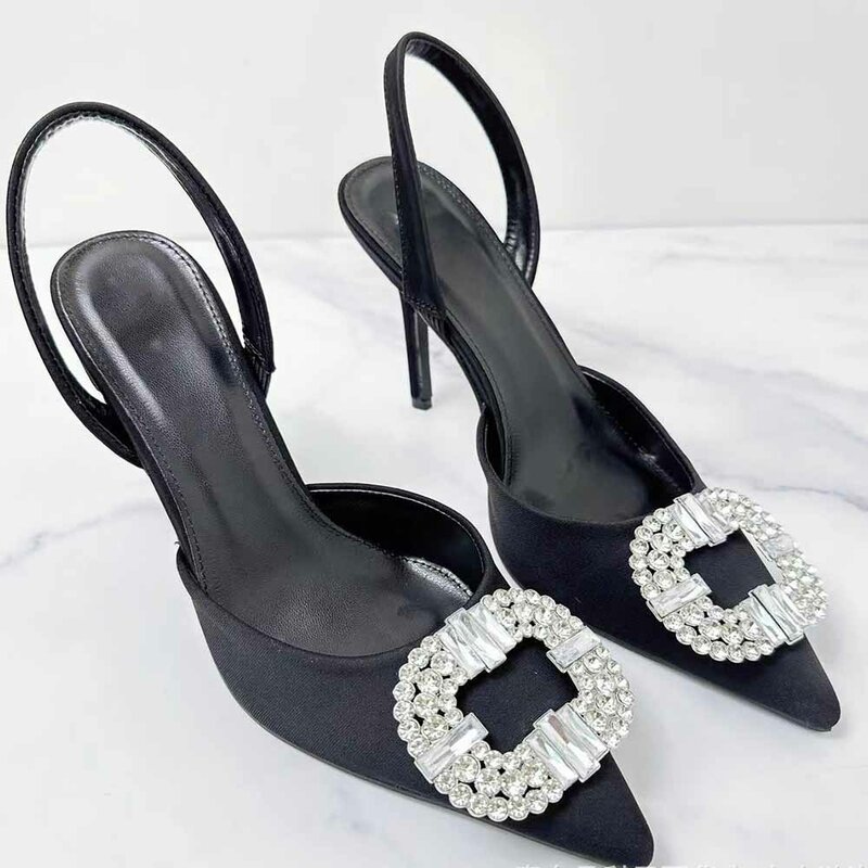 M New Women's Shoes Baotou Stiletto Sandals Rhinestone Square Buckle Single Shoes Pointed Temperament High Heels.