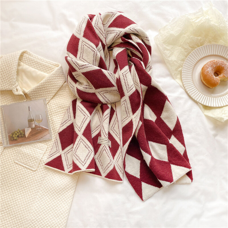 Foulard à carreaux en diamant tricoté pour femme, écharpe chaude, Style coréen, fil de laine élastique doux et épais, Bufanda