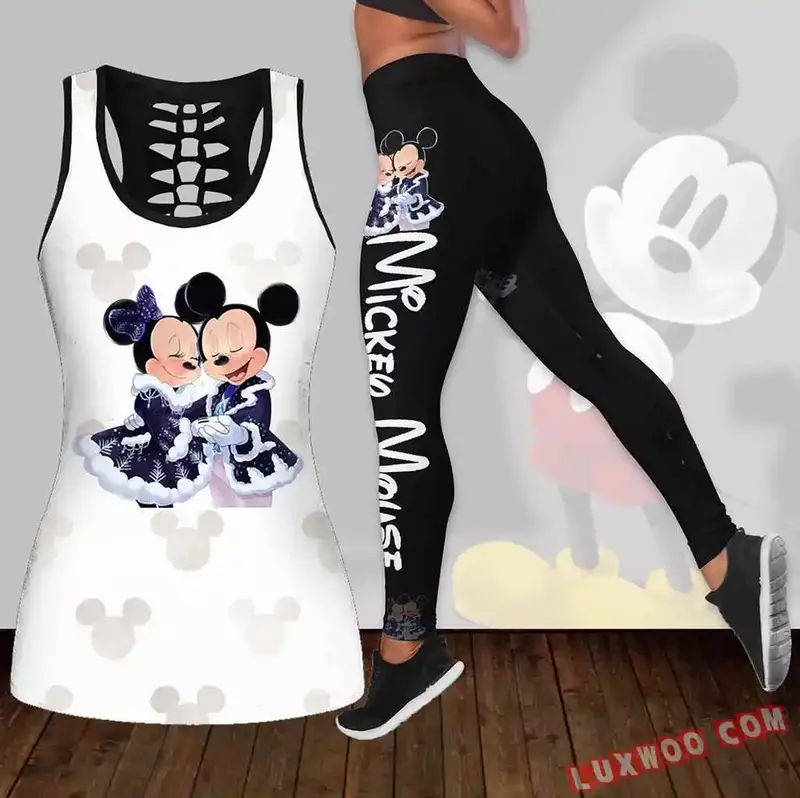 Neue Disney Minnie Damen Hohl weste Leggings Yoga Anzug Fitness Leggings Sporta nzug Disney Tank Top Legging Set Outfit