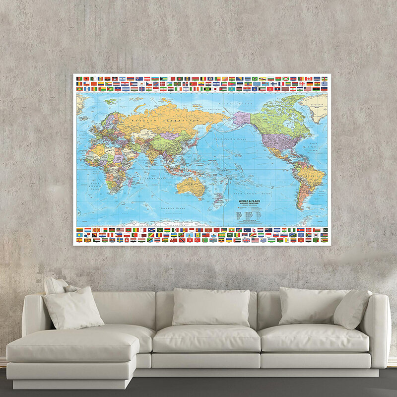 Mappa del mondo pieghevole In tessuto Non tessuto da 100*70cm In inglese con bandiera del paese sfondo artistico decorazione della parete materiale scolastico