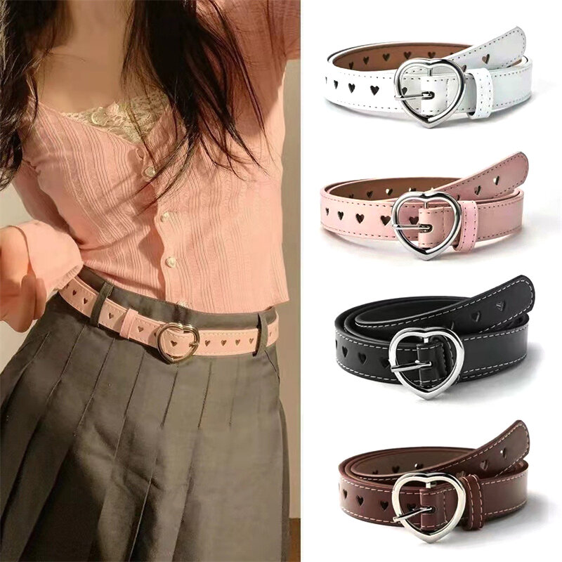 Women PU Leather Belt Hollow Out Loving Heart Ladies Waist Belt Trousers Pin Buckle Leather Female Vintage Waistband