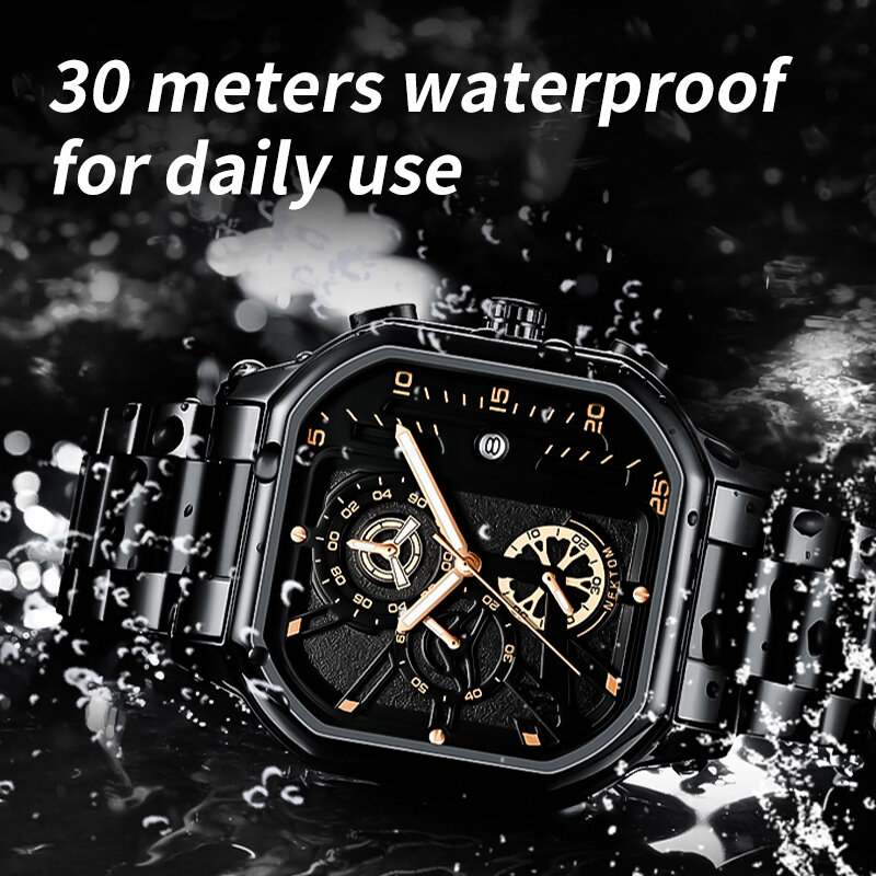 Relógio Quartz de luxo para homens, aço inoxidável, impermeável, cronógrafo luminoso, relógio original, relógio de pulso masculino