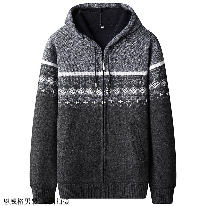 Suéter de malha com capuz masculino, cardigã colorido, jaqueta grossa de isolamento, estampada casual, outono e inverno