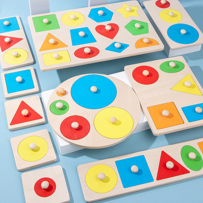 Montessori Warna-warni Geometri Menggenggam Papan Mainan Kayu Dipatok Ambil Bentuk Menyortir Papan Mainan untuk Bayi Pendidikan Anak-anak Hadiah