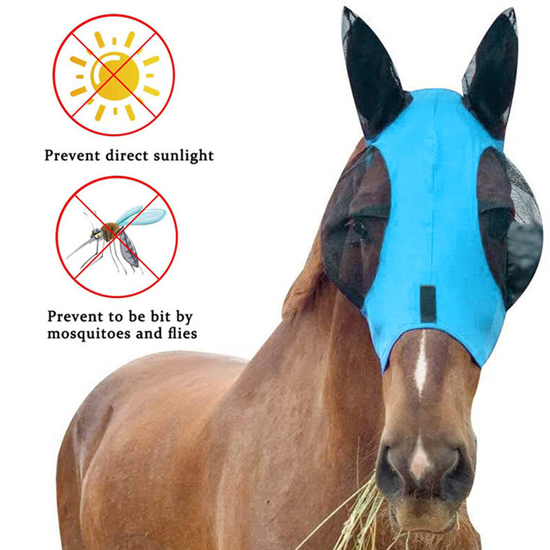 Máscara de mosca do cavalo com orelhas longas, malha anti-mosca, máscara equina, olho de estiramento, orelhas cobertas, 1pc