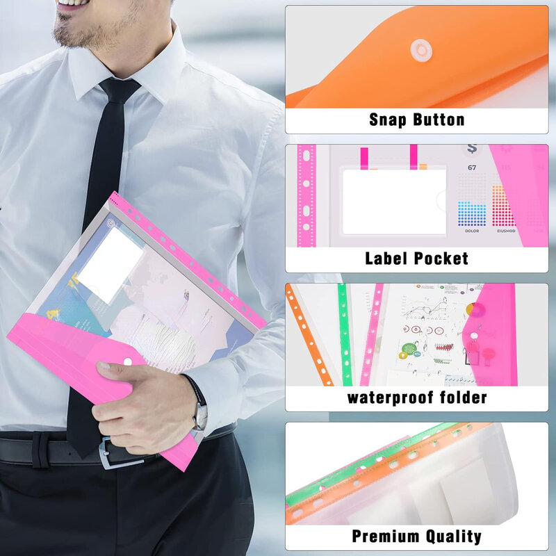 6 Stuks Transparante Plastic Enveloppen Bindmiddel Zak Uitbreidbare Binder Mappen Voor 2/3/4 Ring Document Zakje Met Drukknop Label