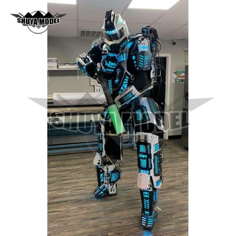 Masa depan led robot kostum tiang pakaian tari rave Strip pakaian lampu led Stilts dan badut bermain kostum
