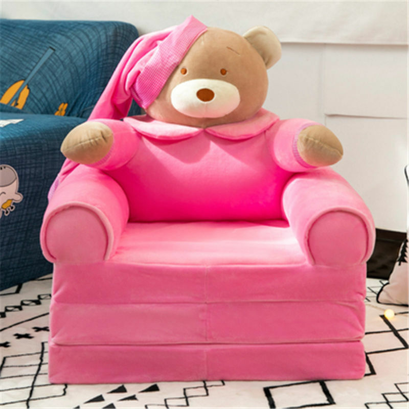Bear Design Foldable Children Sofa Bed Kids Couch Backrest Armchair Upholstered 2 In 1 Flip Open Infant Seat Living Room Bedroom
