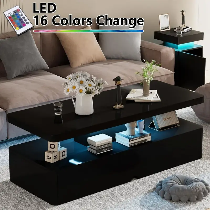 거실용 더블 레이어 디자인 그린 커피 테이블, 16 색 LED 조명, 모던 스타일리시 커피 테이블, 블랙 가구