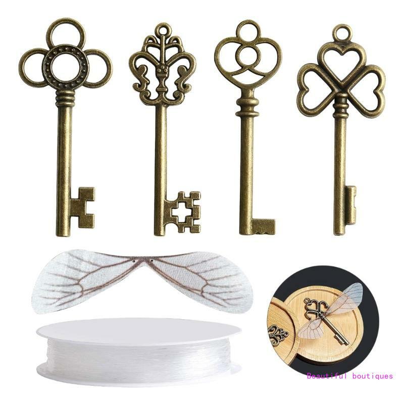 Vintage Antique Skeleton Keys Flying Keys Charms with Dragonfly Wings and Line for Home Decoration DIY Jewelry Making DropShip