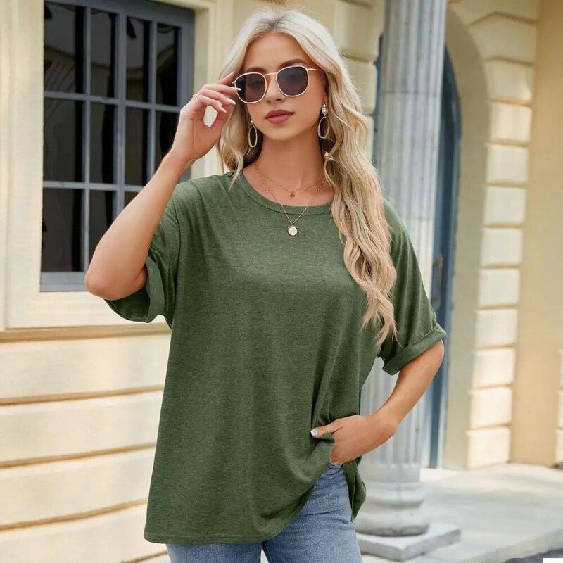 Summer Casual T-shirt O-neck Short Sleeve Loose Fit Tee Tops Solid Color Mid-length Pullover Tops Streetwear