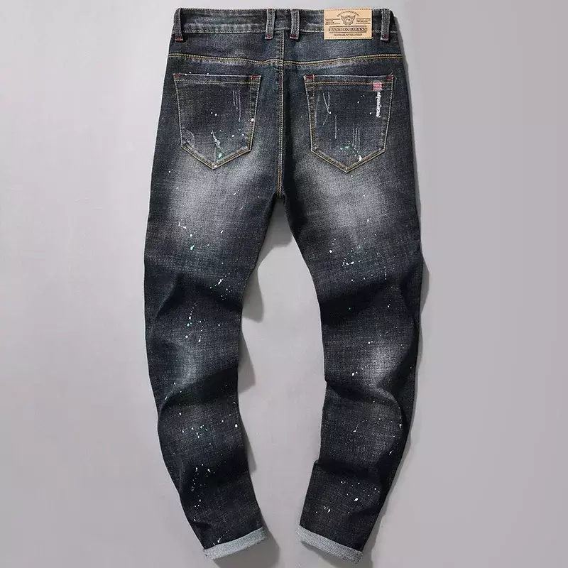 Calças justas com elástico masculinas, jeans perfurado na moda, jeans casual de perna reta, moda primavera e outono, nova, 2024