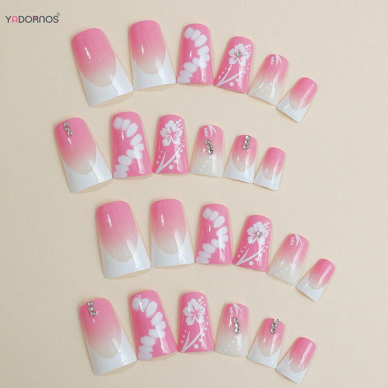 Blush Pink Press on Nails Flower Printed Medium Length Square Head Fake Nails White French Style False Nails Tips for Women