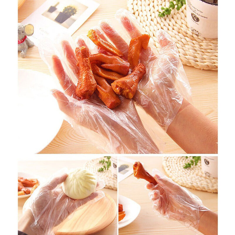 100pcs Food Grade Transparent Disposable Gloves Kitchen Accessories Film Gloves For Food Cleaning Cooking Burgers Using Gloves