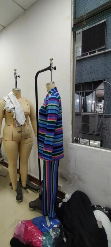 Conjunto de dos piezas con estampado de rayas coloridas para mujer, camisas de manga larga, Tops + Pantalones de pierna ancha de cintura alta, ropa de calle informal