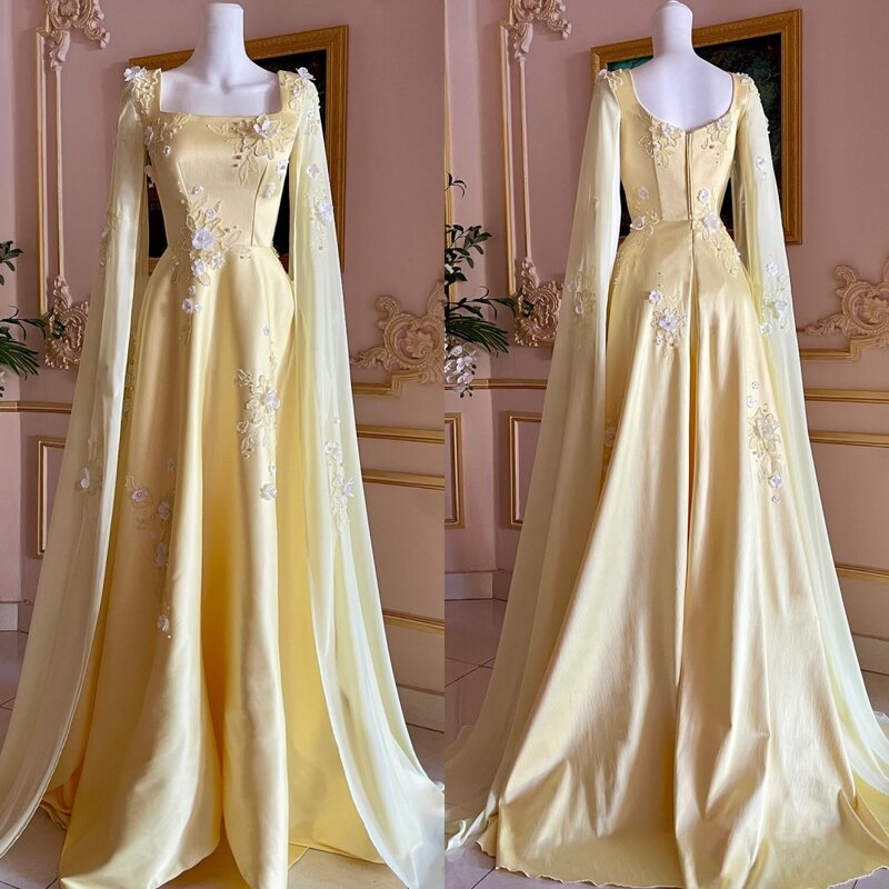 Satin Flower Draped Pleat Christmas A-line Square Collar Bespoke Occasion Gown Long Dresses
