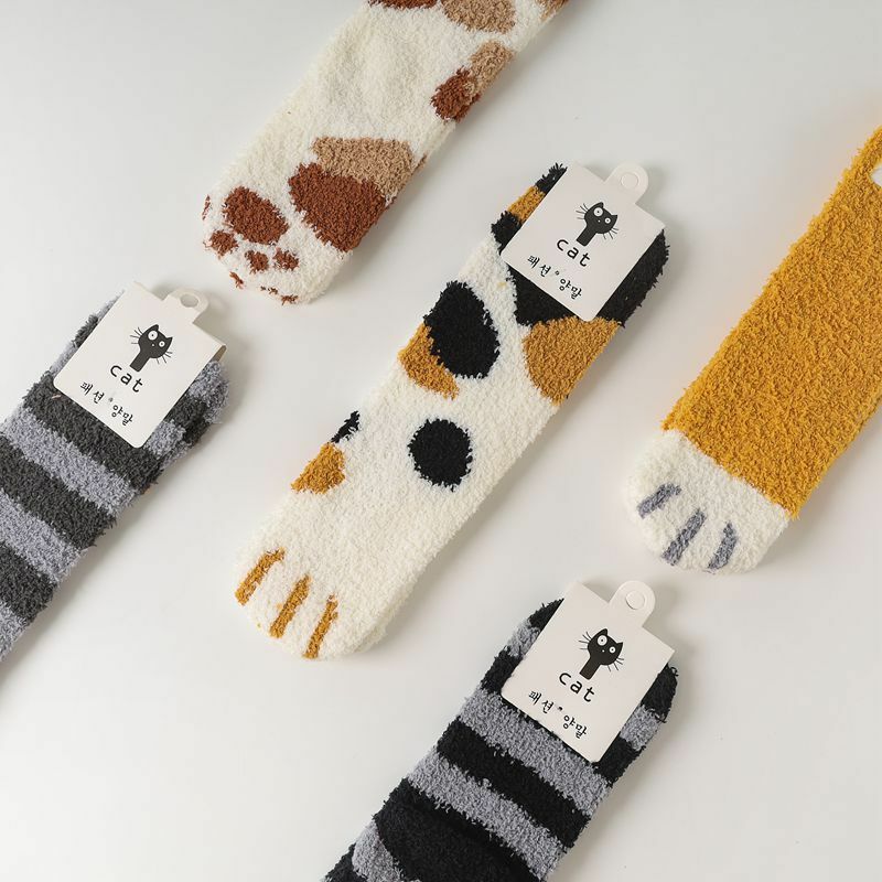 Calcetines de terciopelo de Coral para mujer, medias coreanas de tubo Kawaii, con garras de gato, calcetines gruesos y cálidos para dormir, gran oferta, Otoño e Invierno