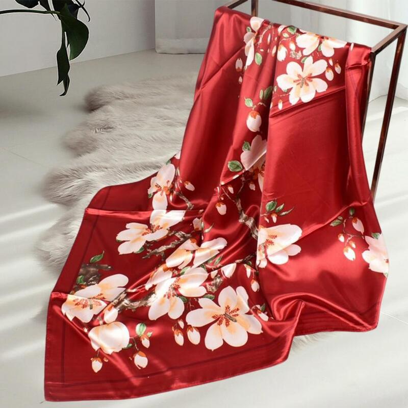 New Fashion Shawl Scarves For Women Silk Scarf Peach Blossom Pattern Square Shawl Floral Print Silk Satin Hijab Female Wraps