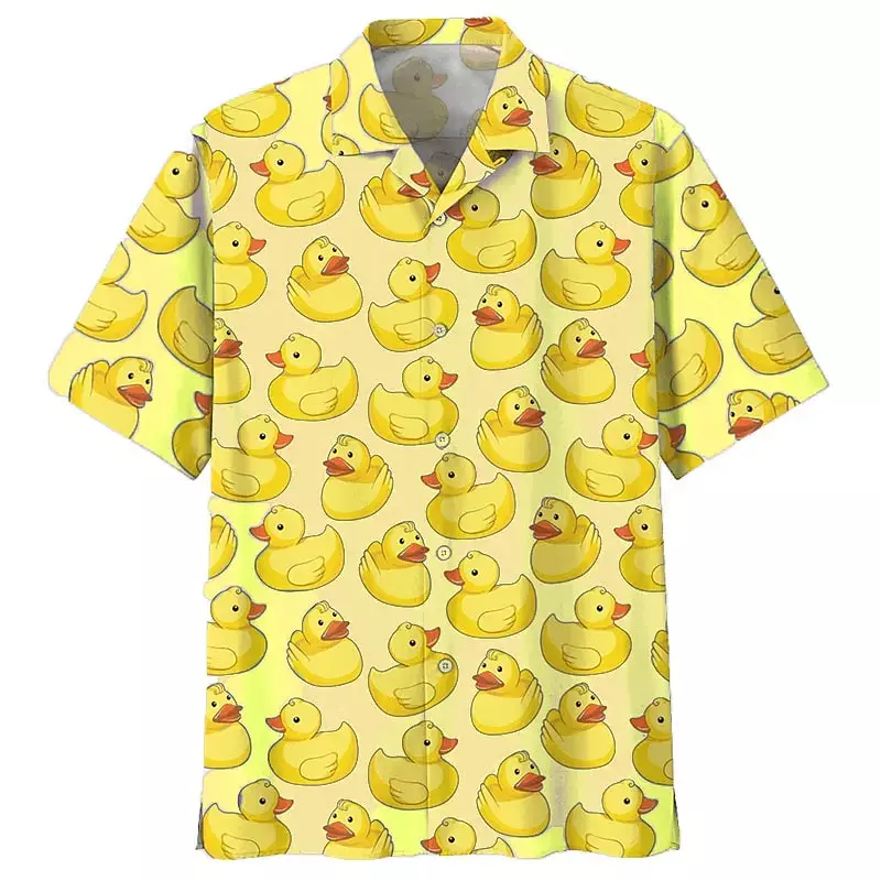 Top de lapela abotoado aberto masculino, manga curta, camisa casual havaiana, estampa de pato, legal e confortável