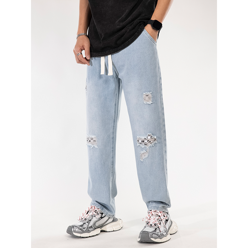 Koreanische Mode Herren Baggy Jeans elastische Taille klassische olid Farbe Straight-Leg Denim Hose mit weitem Bein männlich hellblau grau schwarz