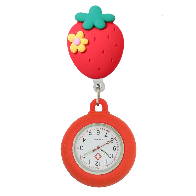 YIJIA szpital piękny owoce w stylu kreskówki chowany odznaka Reel kieszonkowy pielęgniarka zegarki z silikonowym etui i podświetlane wskazówki