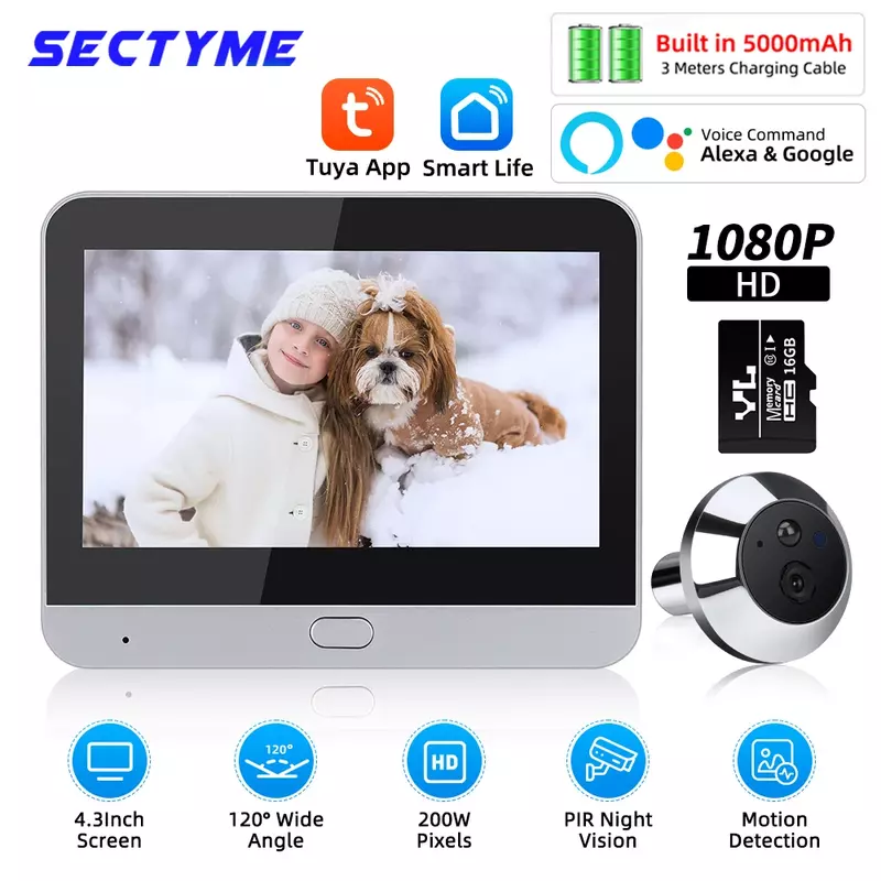 Sectyme 4.3 inch WiFi Peephole Tuya Smart 1080P WiFi Peephole Video Camera Home Security Night Vision Video Door Camera