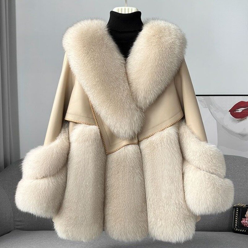 Abrigo de piel de zorro y hierba para mujer, abrigo de una pieza de longitud media, a la moda, 2023