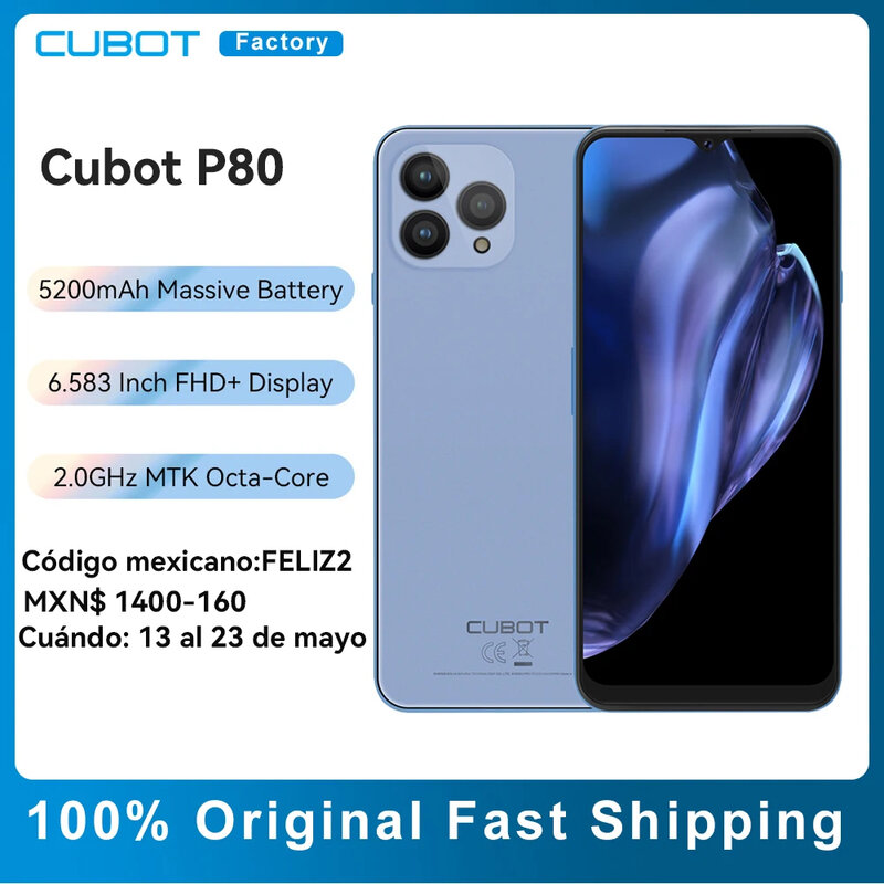 Cubot-P80 Smartphone Versão Global, Celular, NFC, Câmera de 48MP, Android 13, Bateria 5200mAh, 6.583 ", FHD + Tela, 8GB + 256GB