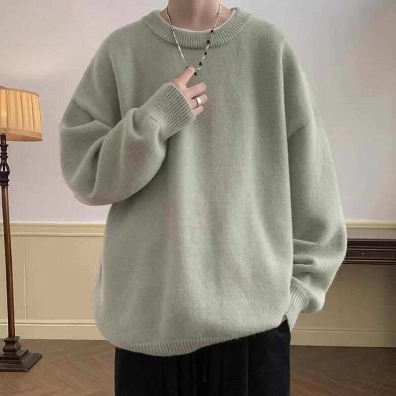 Round Neck Sweater Men's Round Neck Solid Color Sweater Thick Soft Pullover for Fall Spring Casual Style with Elastic Cuff Long