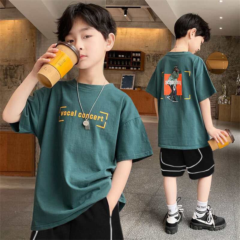 2pcs Set teen Boy Summer korea style Clothes Child's t-shirts+ short pant clothes set Kids Boys outfits top 3-14 years