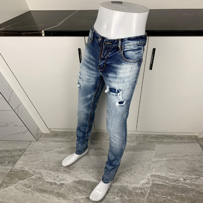 Streetwear Jeans sobek untuk pria, celana Denim Retro biru elastis Slim Fit, celana Jeans Vintage desainer merek Hombre