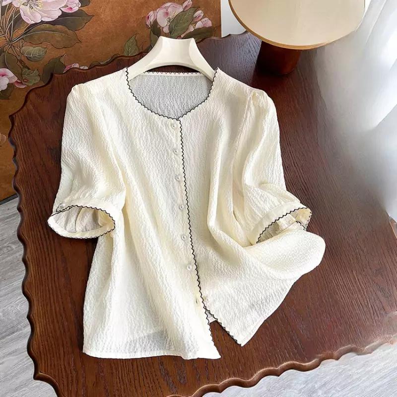 Szyfonowe koszule damskie w stylu vintage letnie solidne bluzki luźne krótkie rękawy damskie topy dekolt w serek modna odzież YCMYUNYAN