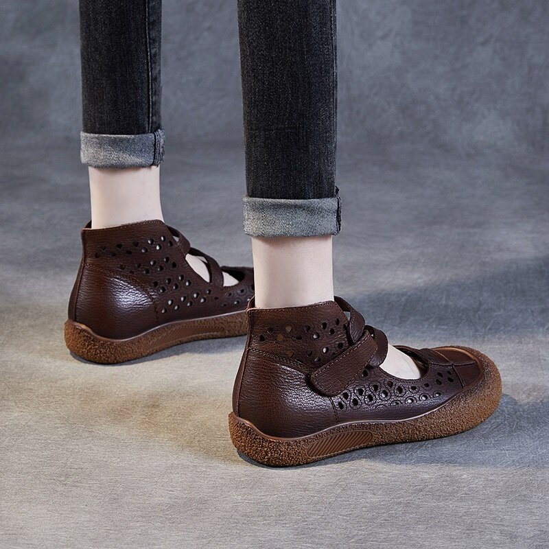 حذاء برقبة Drkanol من الجلد الأصلي للكاحل مع إصبع دائري للنساء ، حذاء برقبة كاحل قابل للتنفس ومسطح مع إصبع دائري ، تصميم فاخر ، حذاء صيفي ،