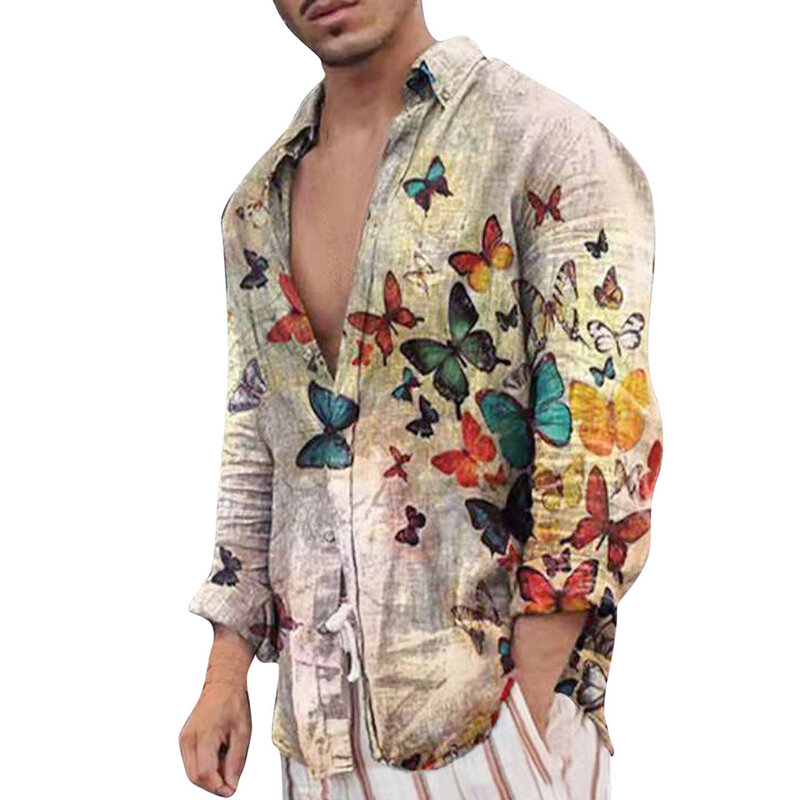 Cárdigan con estampado Hawaiano para hombre, camisa holgada de manga larga con botones, elegante y cómoda, para uso diario