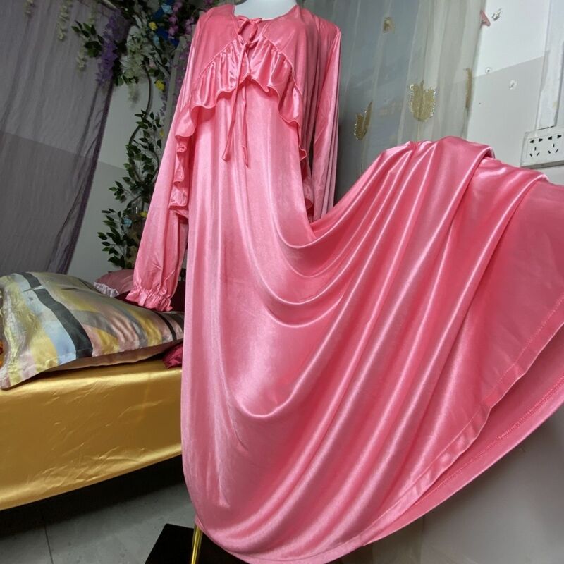 Блестящее шелковое Сексуальное женское платье с оборками, сатиновое свободное платье макси с длинным рукавом, спальный халат