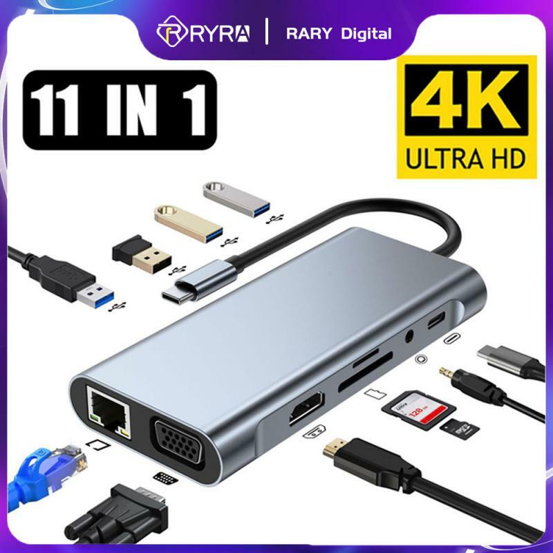 RYRA 11 In 1 USB C HUB ประเภท C Splitter HDMI 4K Thunderbolt 3แท่นวางมือถือแล็ปท็อปอะแดปเตอร์ AUX SD บัตร TF RJ45 VAG HUB
