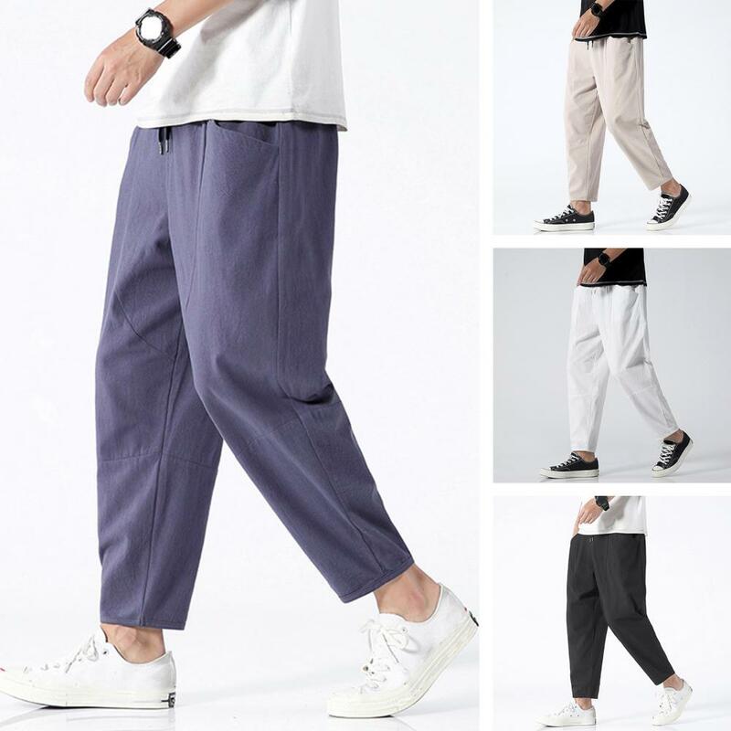 Men Solid Color Simple Casual Pants Elastic Waist Drawstring Loose Fit Big Pockets Thin Long Trousers