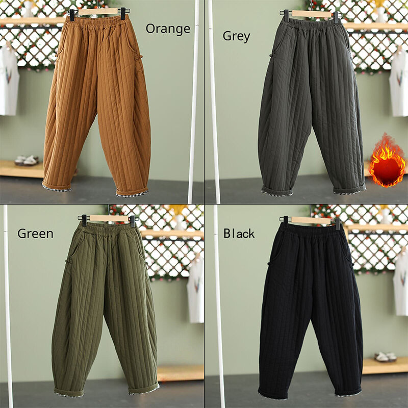 Women Winter Warm Down Cotton Pants Warm Padded Quilted Trousers Elastic Waist Casual Lady Chic Keep Warm Trousers