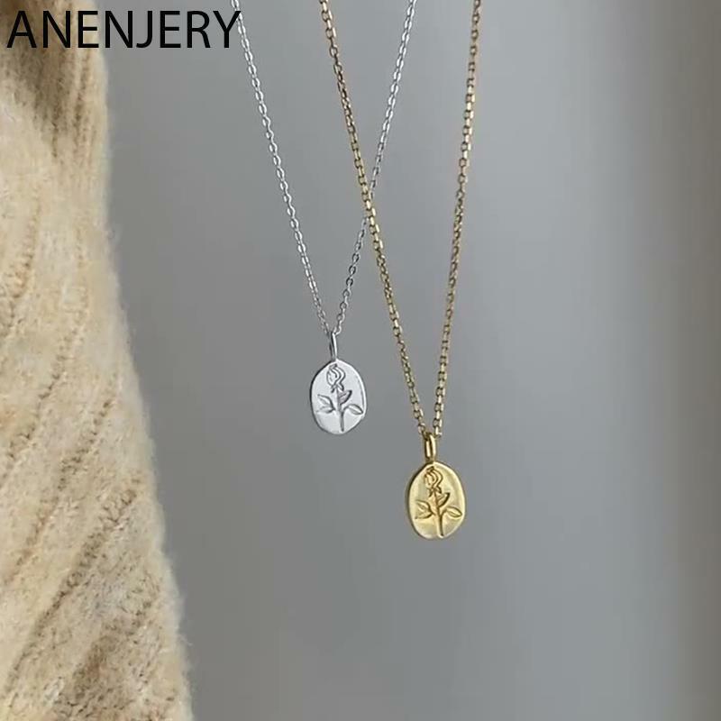 ANENJERY Silver Color Rose Flower Oval Brand Necklace For Women Exquisite Sweater Chain French Accessories