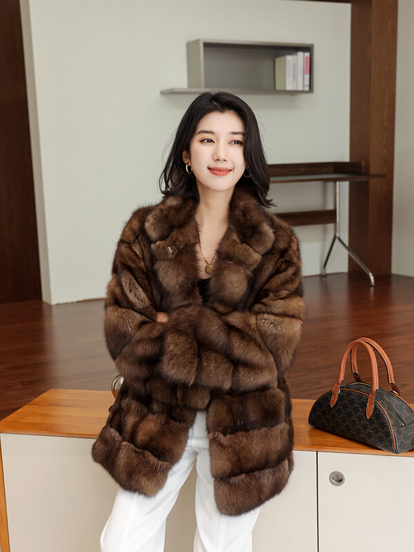 Fur Coat for Women Dark Coffee Color  Overcoats Stand Collar Mink Fur Retro Casual Fashion Loose Straight Thick Warm Winter 1Pc