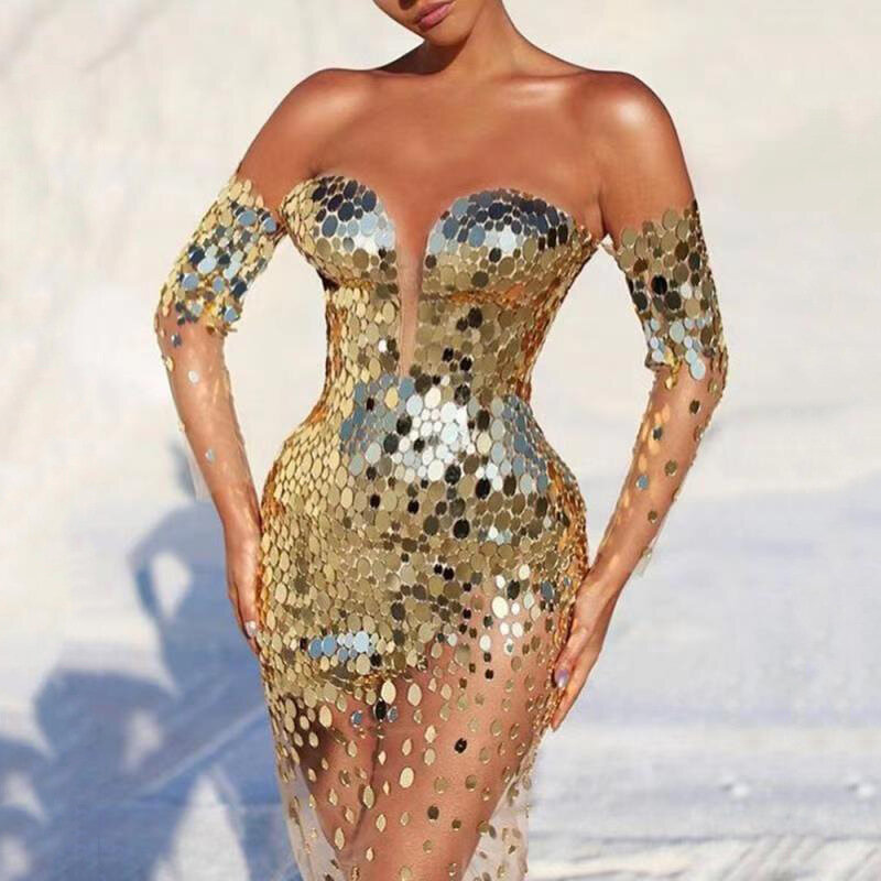 Robe de soirée en Tulle à paillettes dorées pour femmes, tenue de bal élégante, épaules dénudées, Sexy, 2023