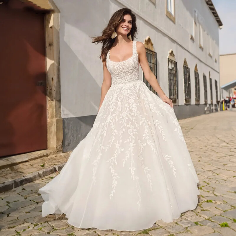 Luksusowa suknia ślubna bez rękawów bez rękawów suknia ślubna elegancka kwadratowa dekolt z wyśmienitym sukienki na zamówienie De Novia