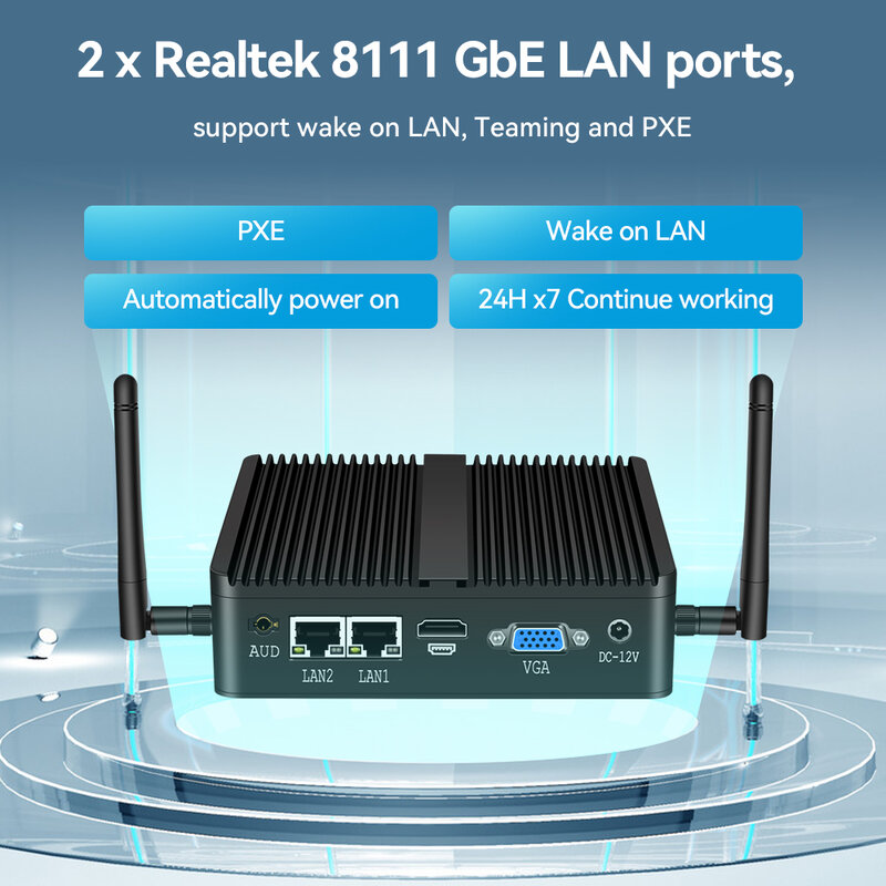 Mini PC Fanless Intel Celeron J4125 2x LAN Gigabit 2x RS232 HDMI VGA Mini PCIE WiFi/4G 4x Suporte USB Windows Linux