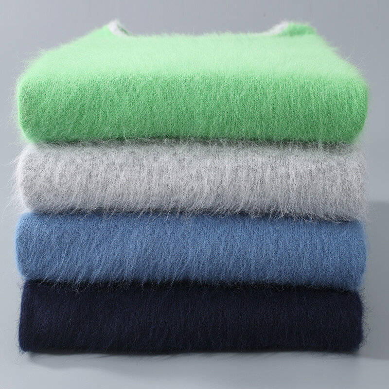 Camisola de caxemira masculina de vison, pulôver gola v, camisa justa, suéter quente monocromático, novo, outono e inverno