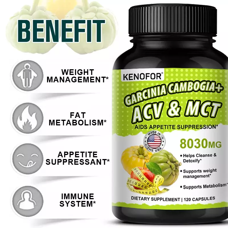 KENOFOR 가르시니아 캄보지아 + ACV & MCT-식욕 억제제, 8030 Mg, 무게추 관리, 클렌징 및 해독