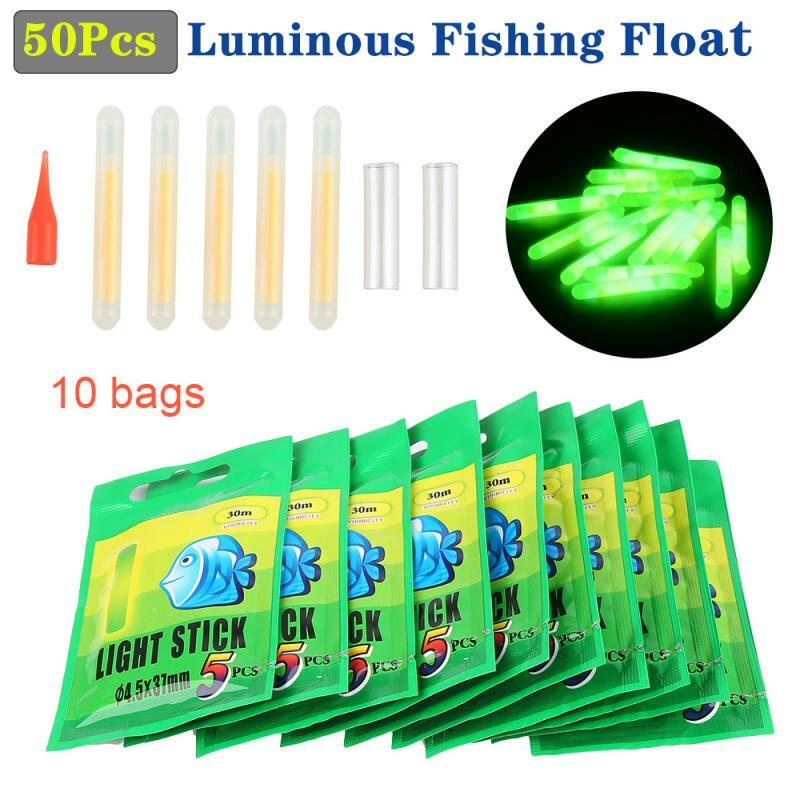 Flotador de pesca luminoso, barra de luz fluorescente, barra de flotación nocturna, herramientas luminosas oscuras, 50 unidades/10 bolsas