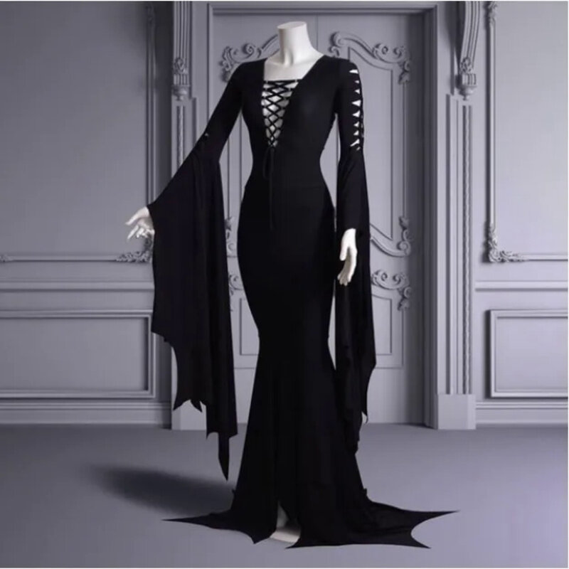 Wednesday Morticia Addams  Cosplay Floor Dress Costume Adult Women Punk Gothic Witch Vintage Sexy Lace Up Slim Gown Halloween