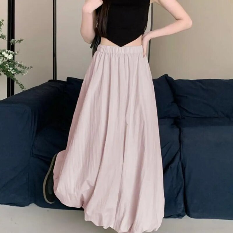 Pleated Skirt Elastic High Waist Bubble Maxi Skirt with Ankle-length Lantern Design Solid Color A-line Streetwear for Spring