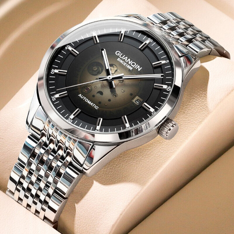 GUANQIN-relógio mecânico de aço inoxidável masculino, mostrador transparente, luxo, data, luminoso, Miyota, movimento automático